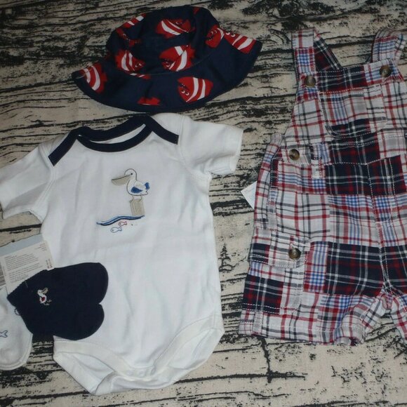 Gymboree Pelican Catch 0-3 Month Overalls Socks Bodysuit Hat Outfit NWT